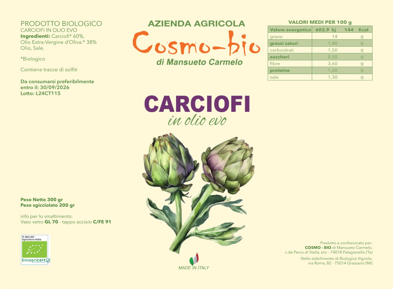 Carciofi in olio EVO BIO etichetta - Cosmo Bio Azienda Agricola